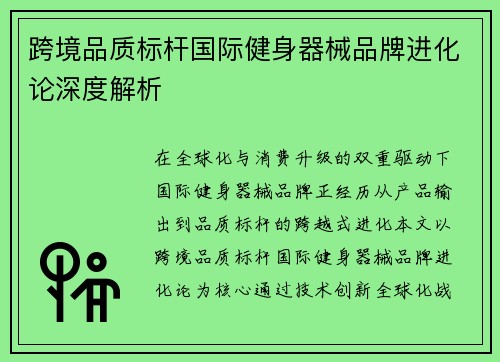 跨境品质标杆国际健身器械品牌进化论深度解析